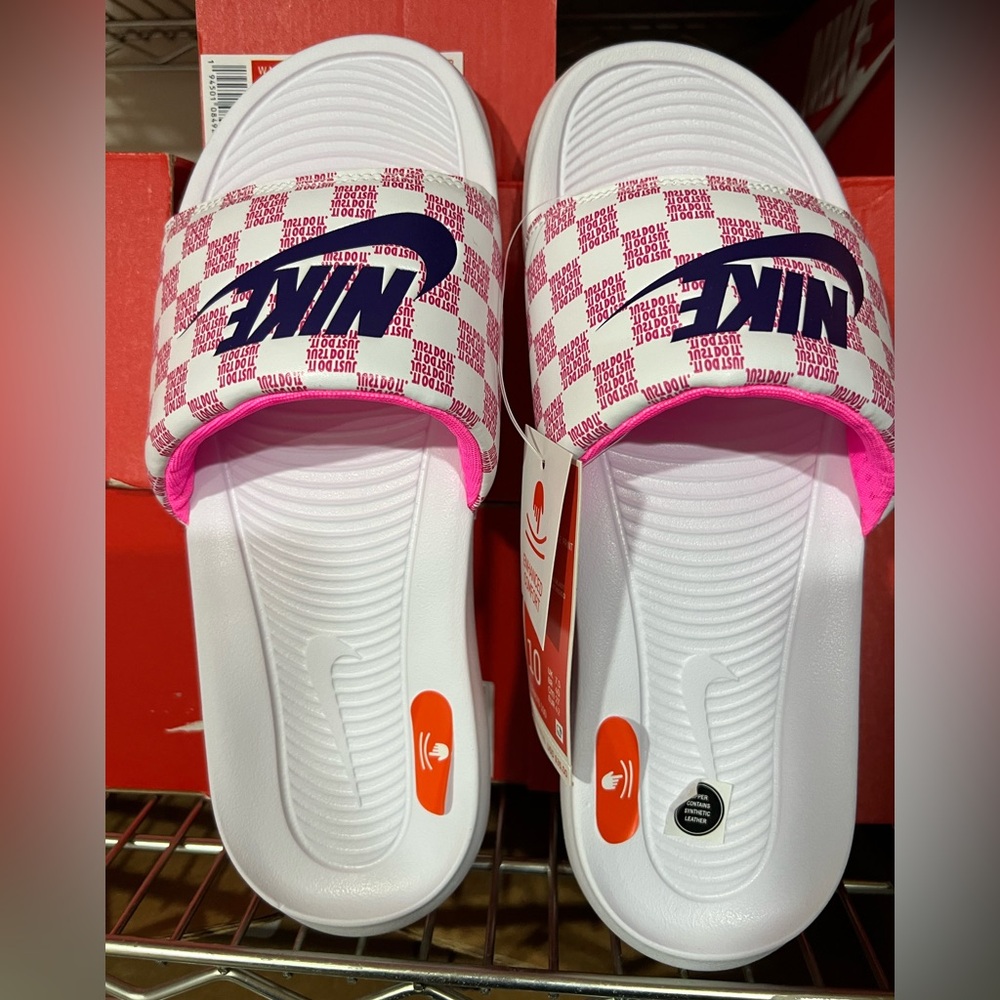 Nike Pink and White Slide Sandals